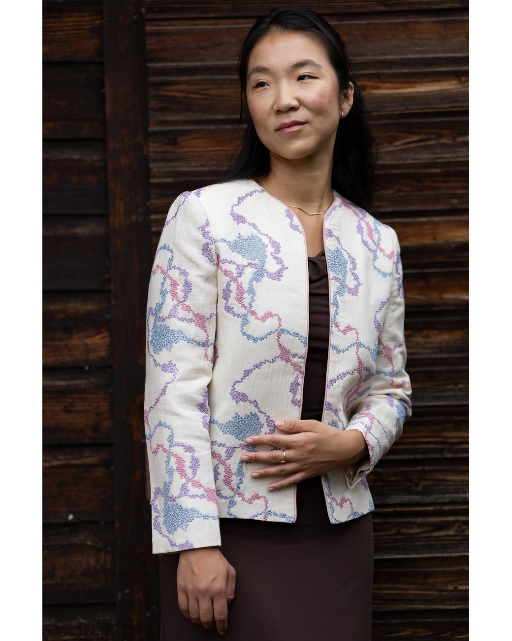 Stovaria Multicolor Neutrals Pastel Embroidered Pure Linen Statement Jacket