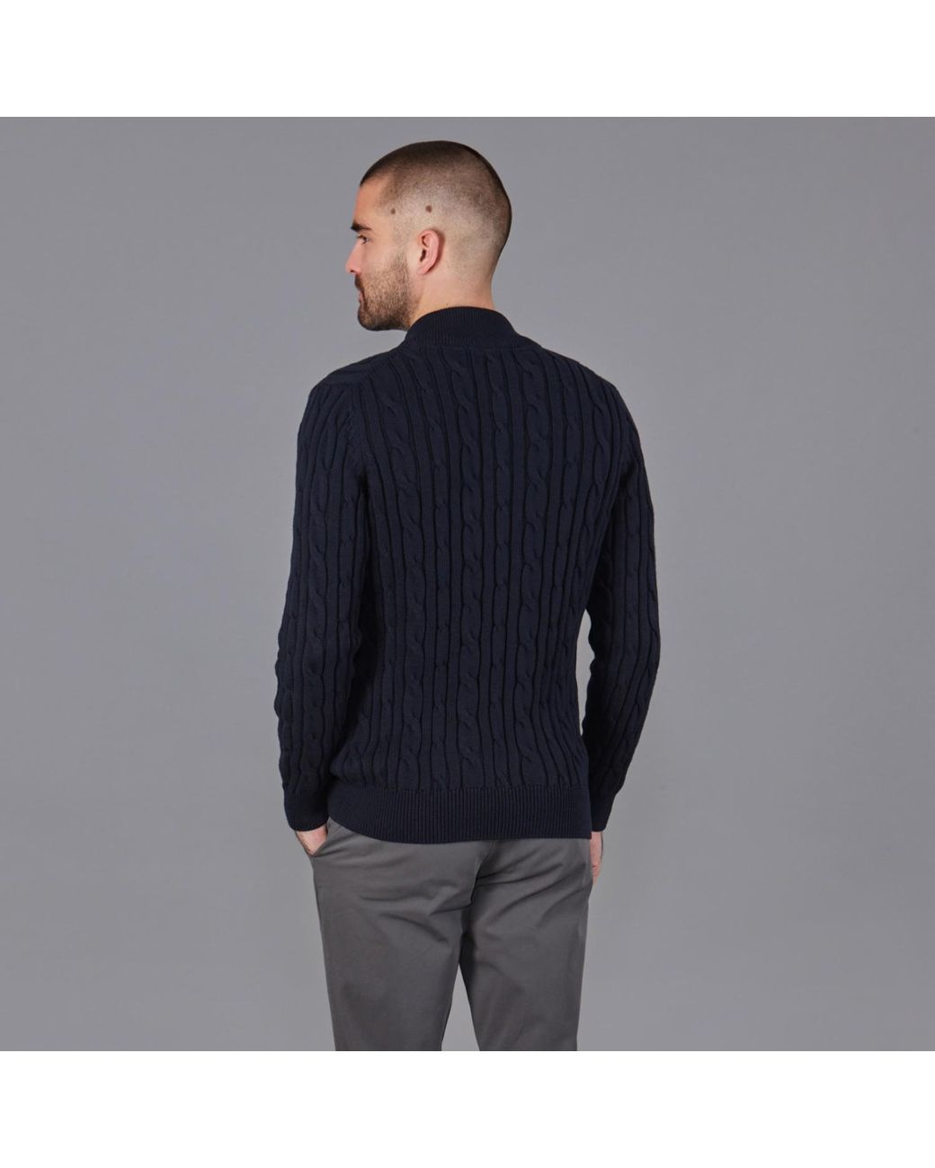 Paul James Knitwear Blue Midweight Romano Cotton Cable Zip Neck Jumper for men