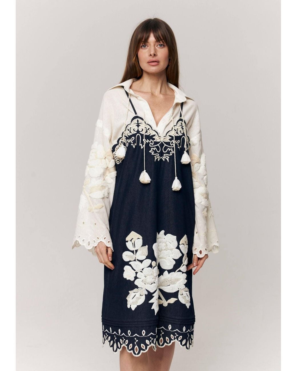 Annabo Blue Amber Rose Embroidered Denim Midi Sundress