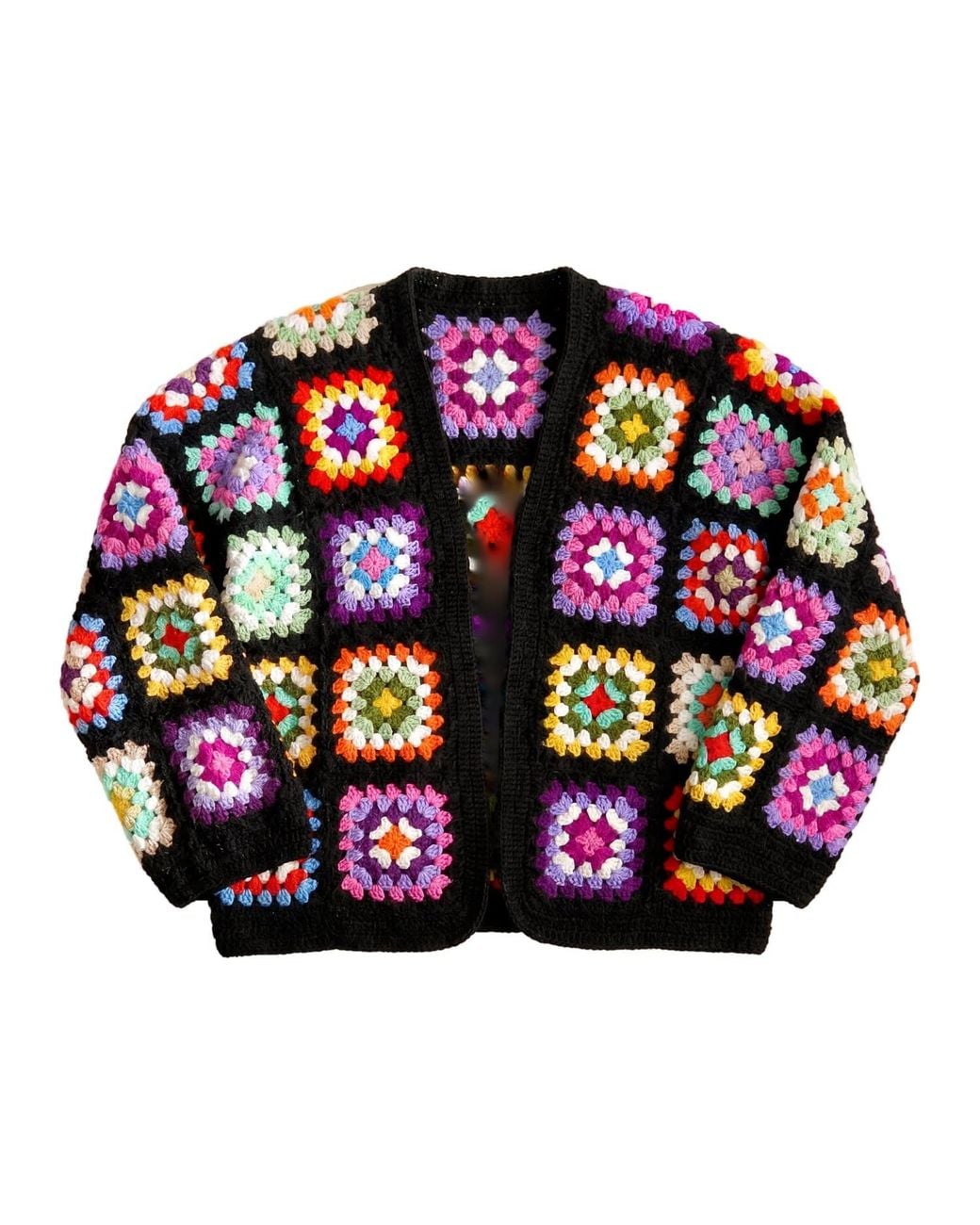 Ana Chic Black Ground Granny Square Handmade Crochet Cardigan