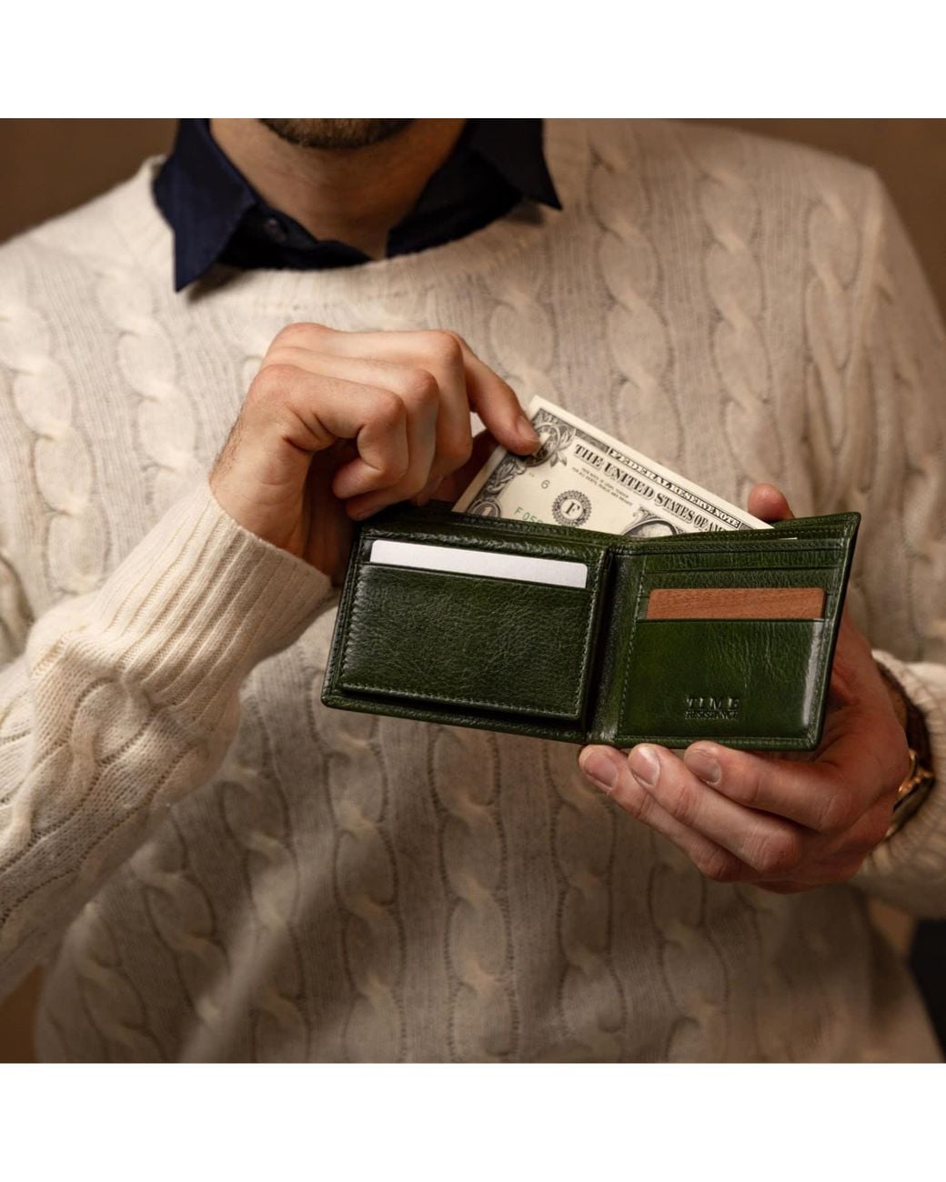 Time Resistance Green Leather Bifold Wallet for men
