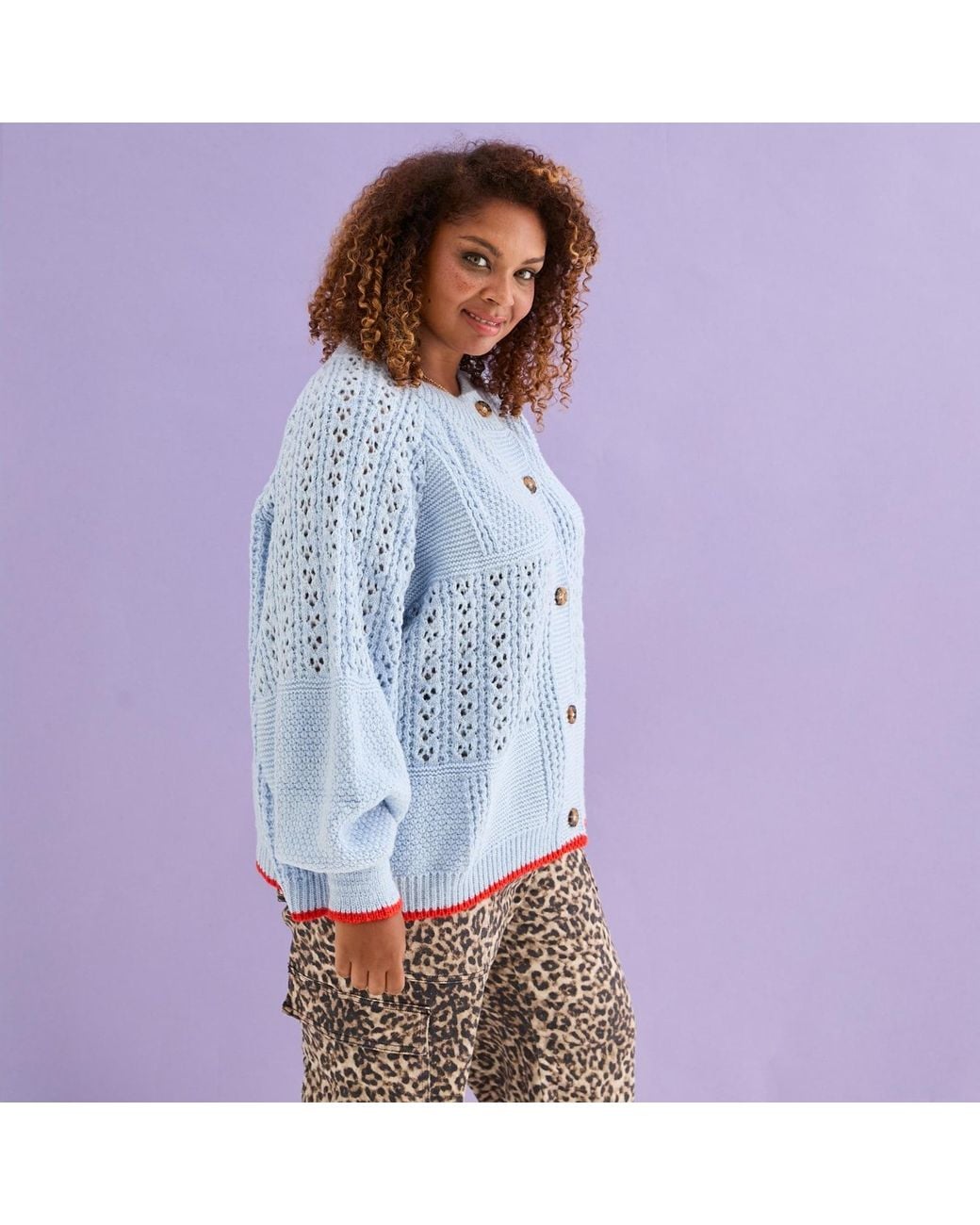 Cara & The Sky Blue Brigit Pointelle Stitch Balloon Sleeve Cardigan
