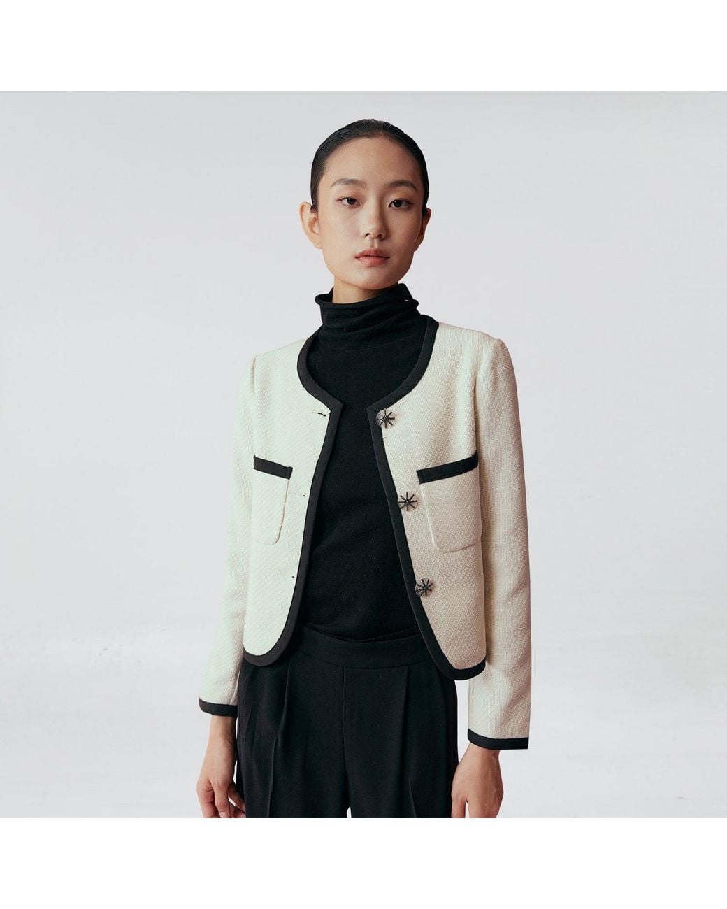 Smart and Joy White Neutrals Short Jacket With Contrasting Trims