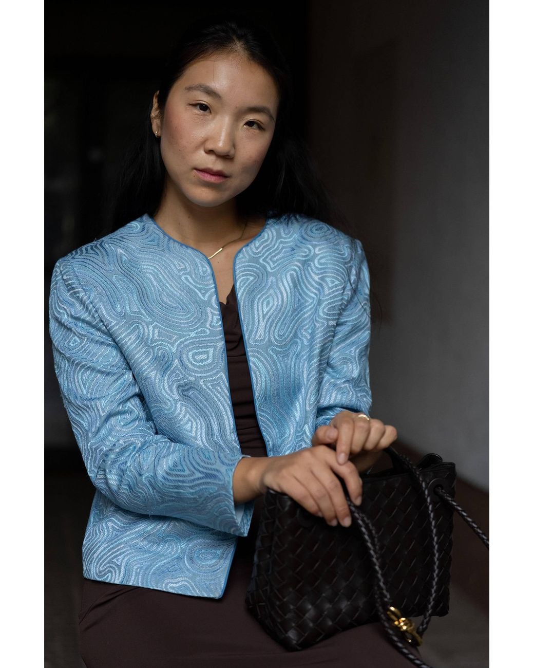 Stovaria Blue Tonal Embroidered Pure Silk Statement Jacket