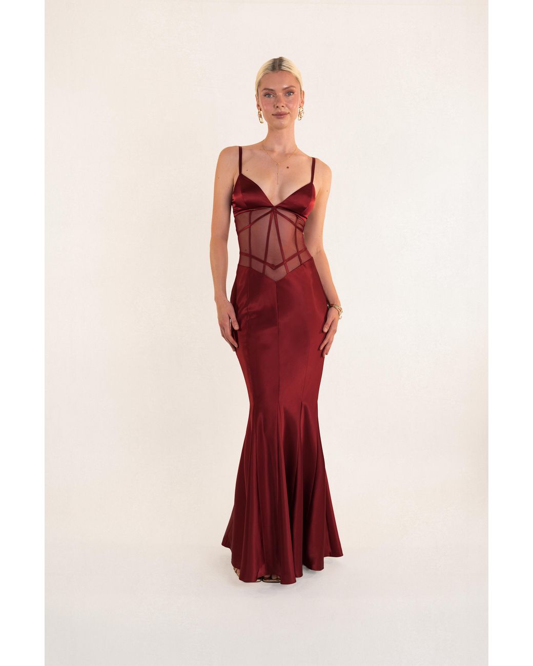 Clerestory Red Amarante Satin Bias Mesh-Waist Maxi Dress