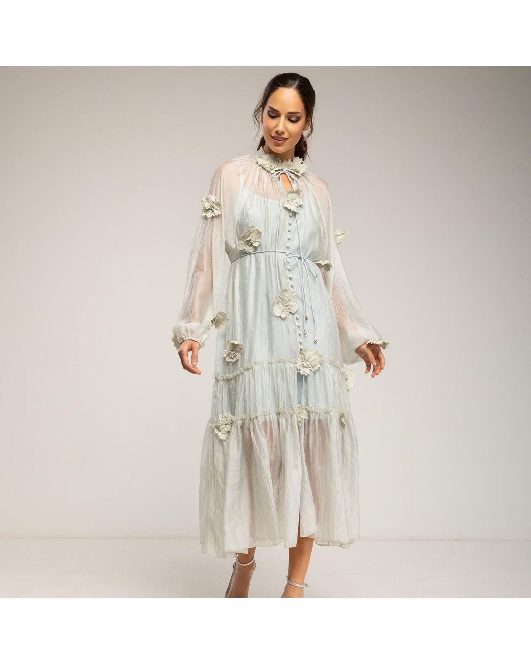 Tantra Spain Sl Natural Semi-Transparent Dress With Buttons, Floral Details, And Ruffles. Belt And Lining Sold Separately