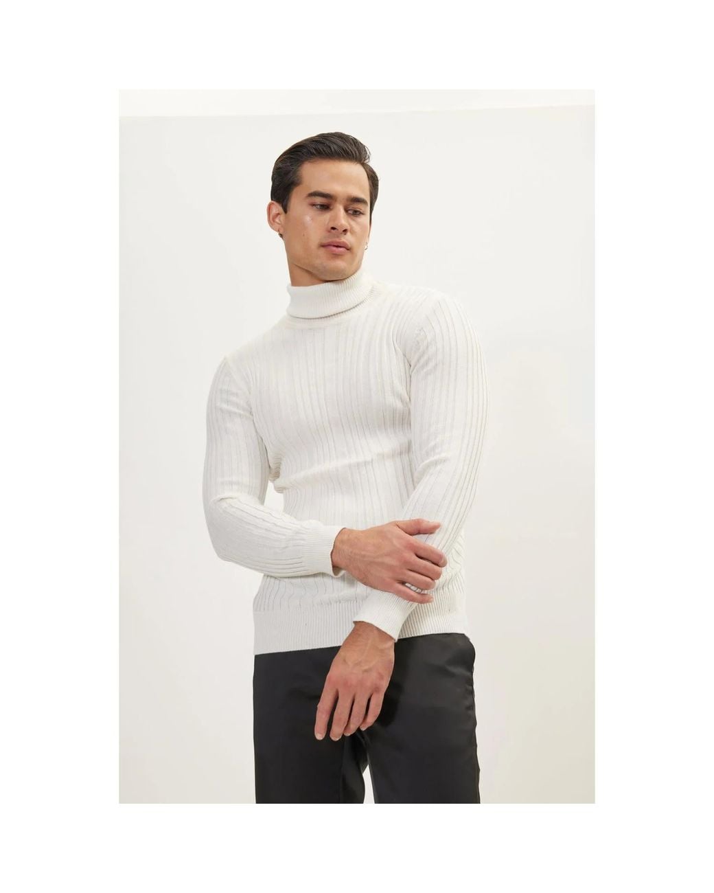 Ron Tomson White Roll Neck Ribbed Sweater for men