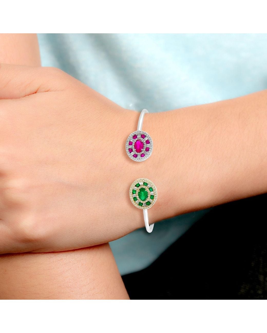 Artisan Green Baguette Ruby & Emerald Pave Diamond Cuff Bracelet