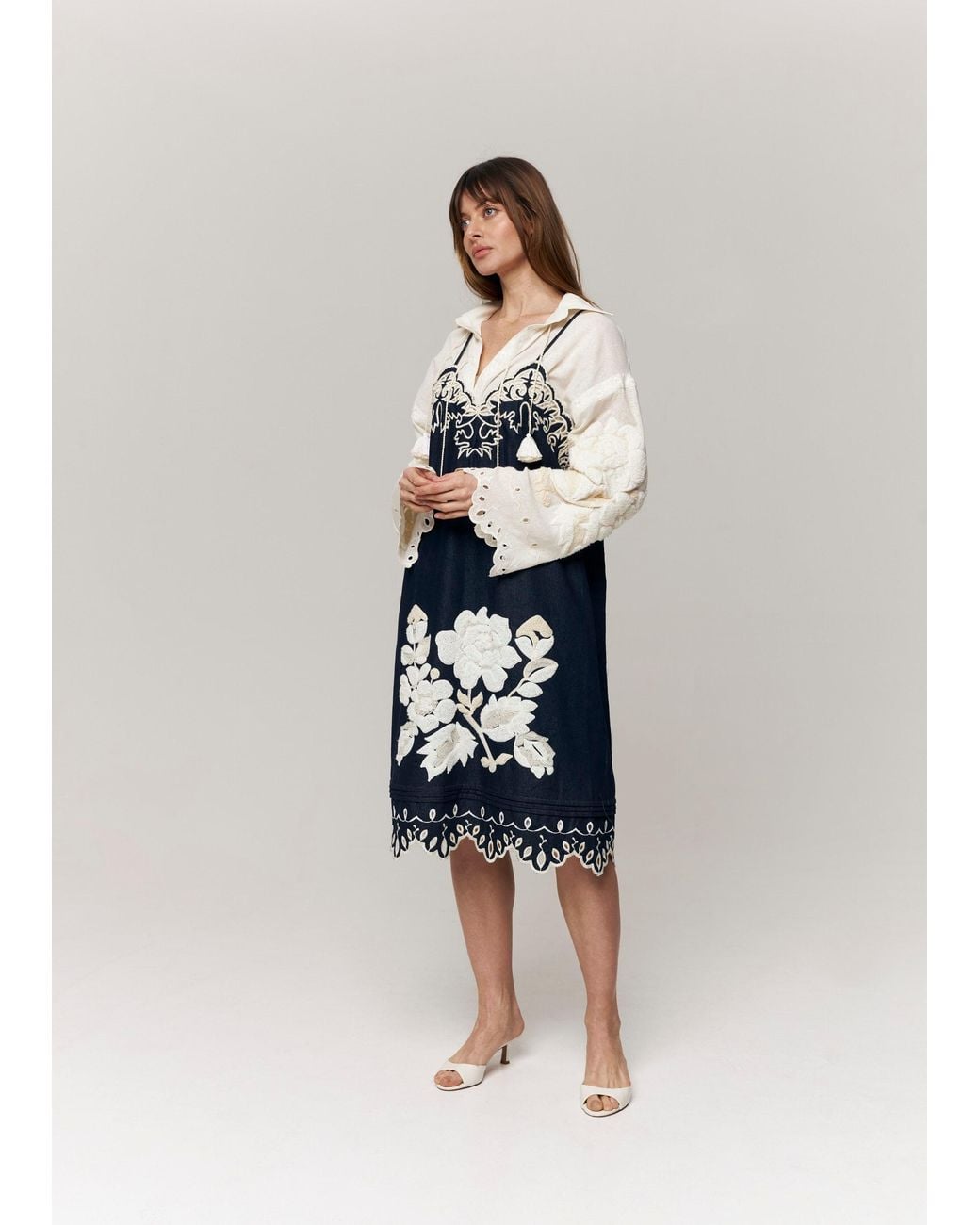 Annabo Blue Amber Rose Embroidered Denim Midi Sundress