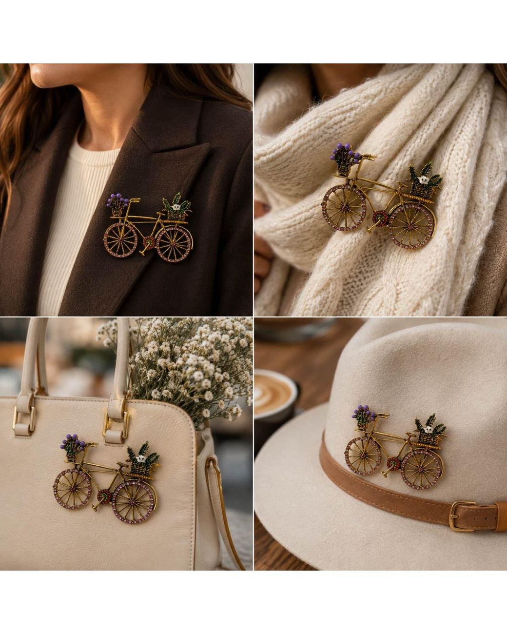By Ozge Multicolor Blooming Journey Multicolour Stone & Enamel Tone Vintage Bicycle Brooch
