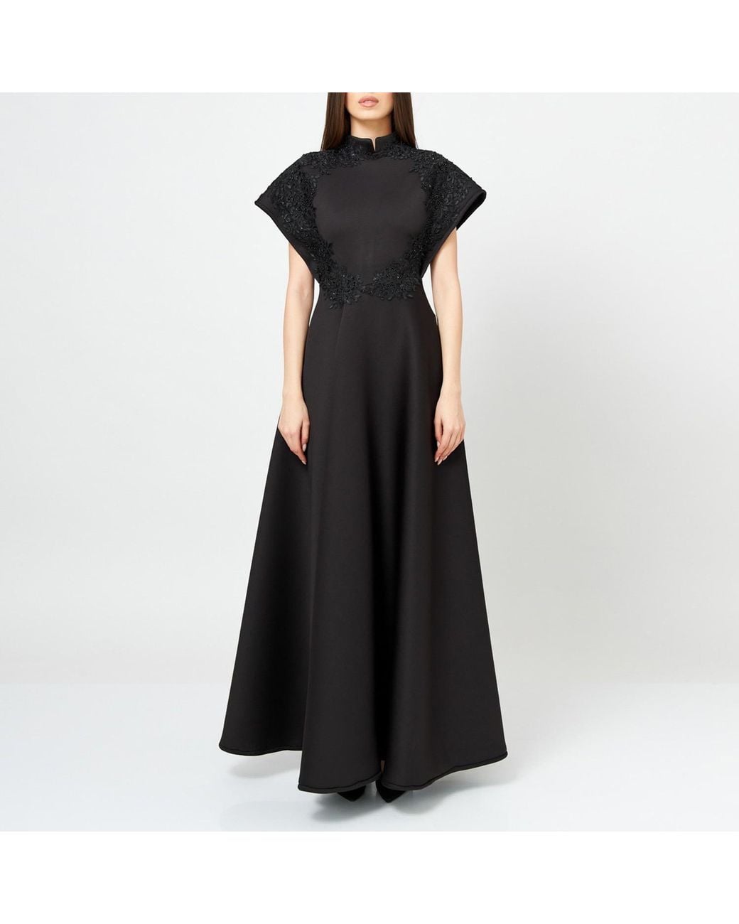 LIA ARAM Black Embellished Neoprene Evening Dress