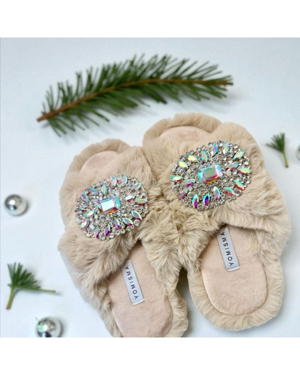 Yomisma Natural Neutrals Eco Faux Fur Slippers – Recycled Faux Fur + Removable Iridescent Brooch