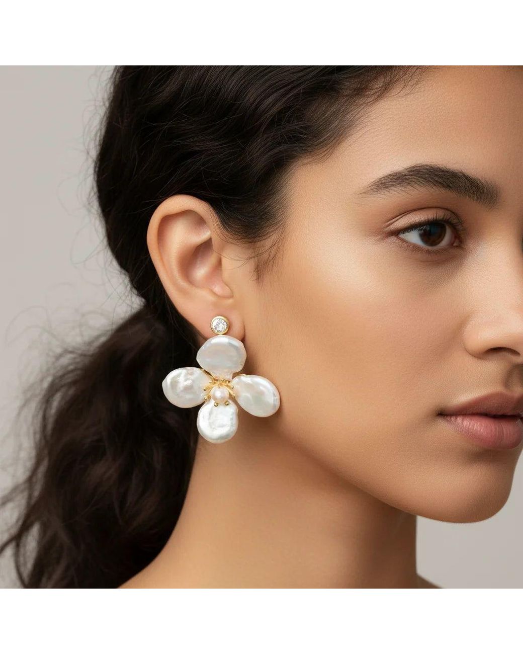 Angel Barocco Metallic Neutrals Baroque Pearls Flowers Earrings