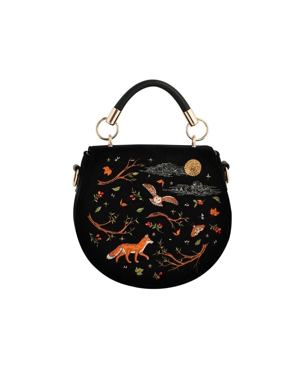 Fable England Black Fox & Owl Embroidered Top Handle Saddle Bag
