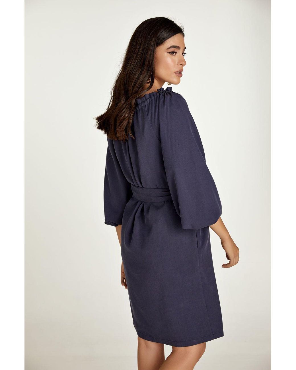Conquista Blue Belted Tencel Dress With Pockets
