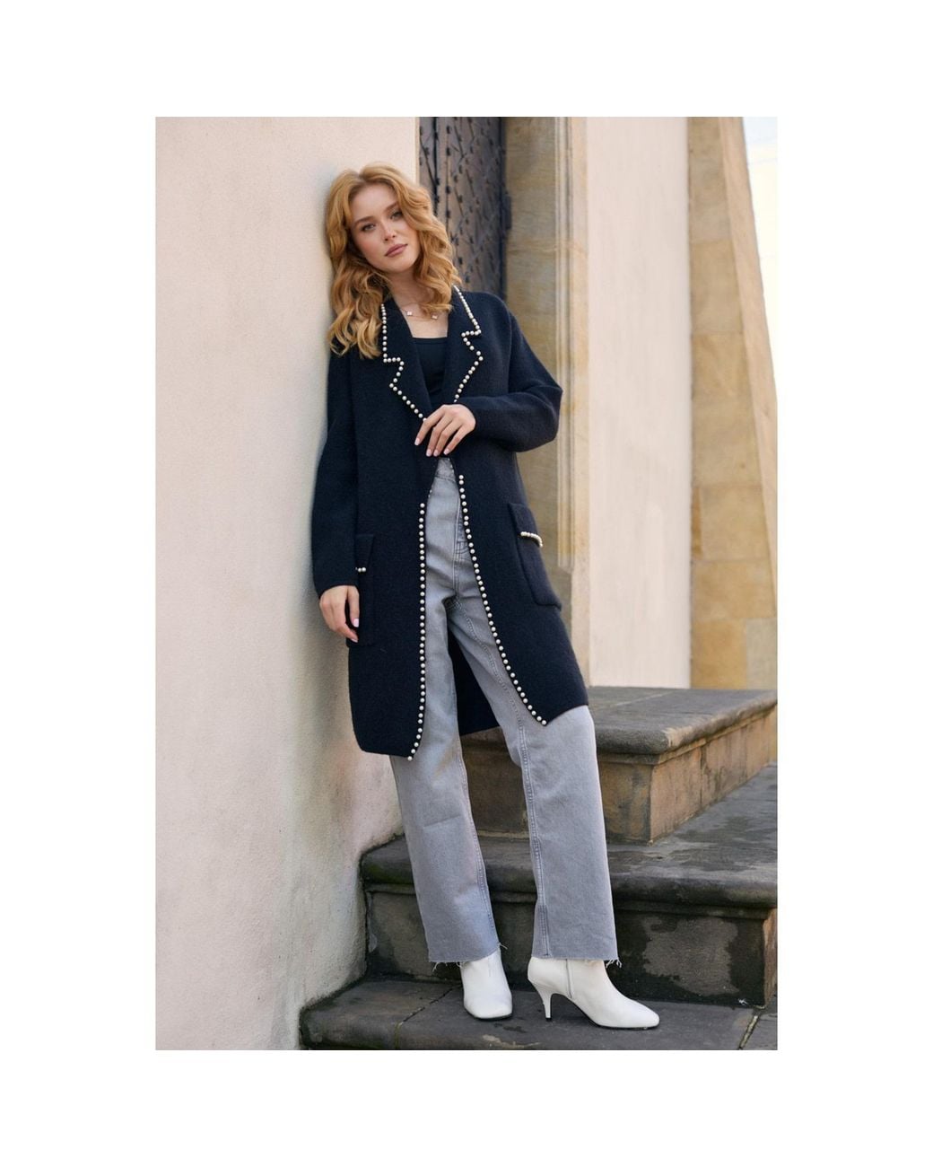 Saachi Blue Pearl Trim Long Knit Blazer