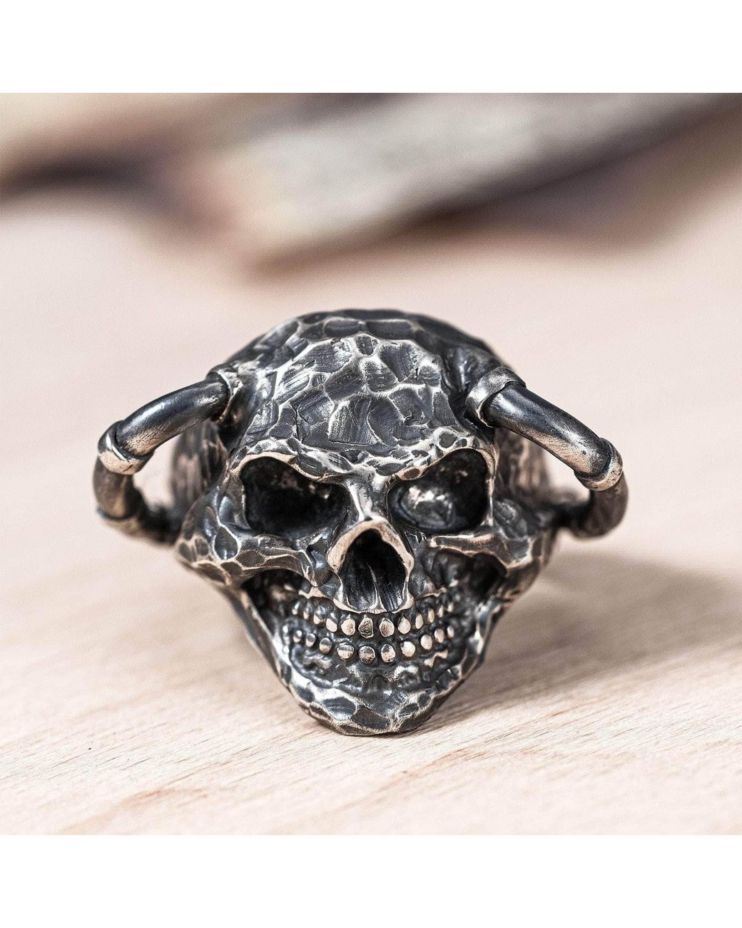 German Kabirski Blue Valkyr Oxidized Ring Sculpted Into A Skull for men