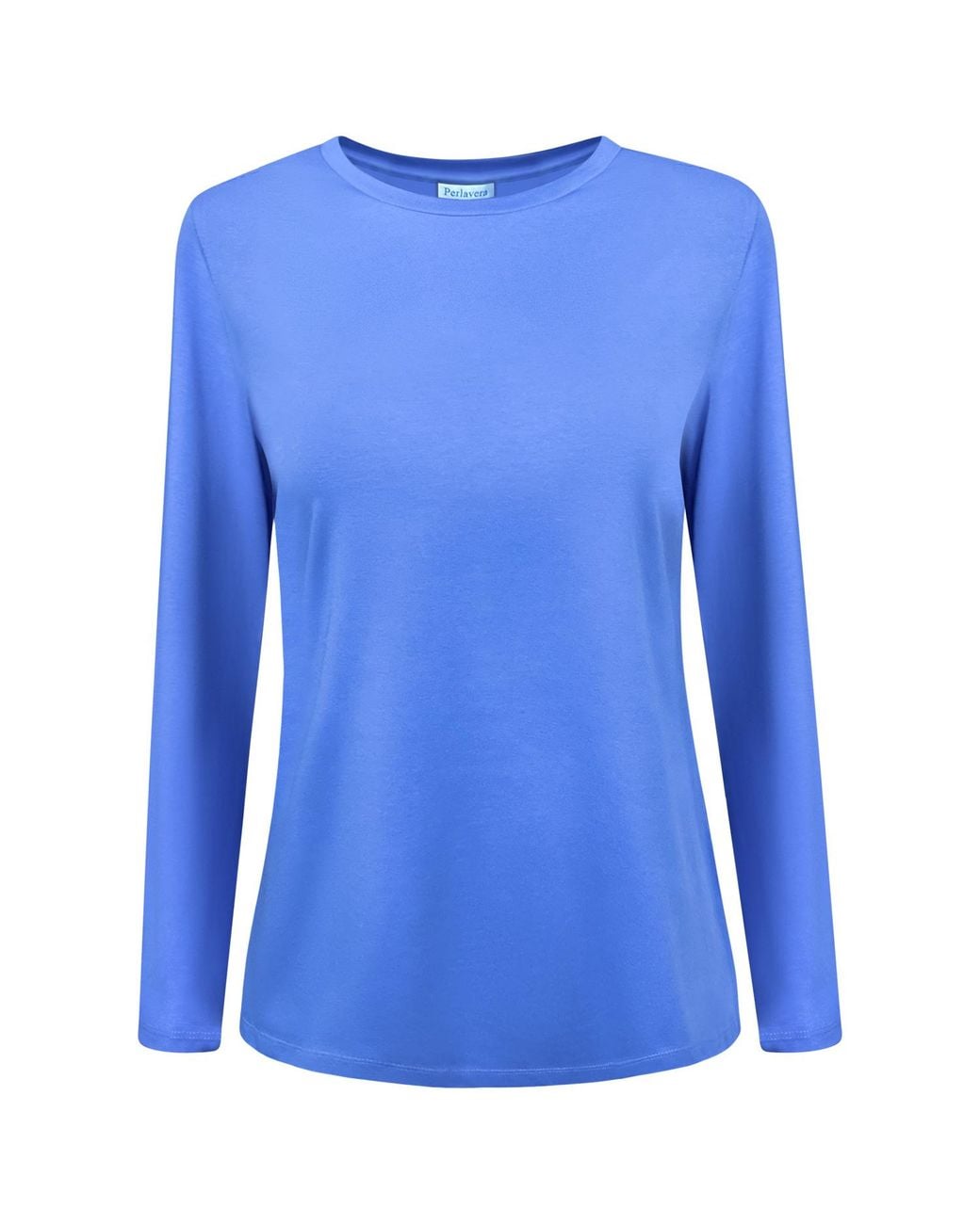 Perlavera Blue Tanya Solid Cotton Spandex Long Sleeve Length Crew Neck T-Shirt