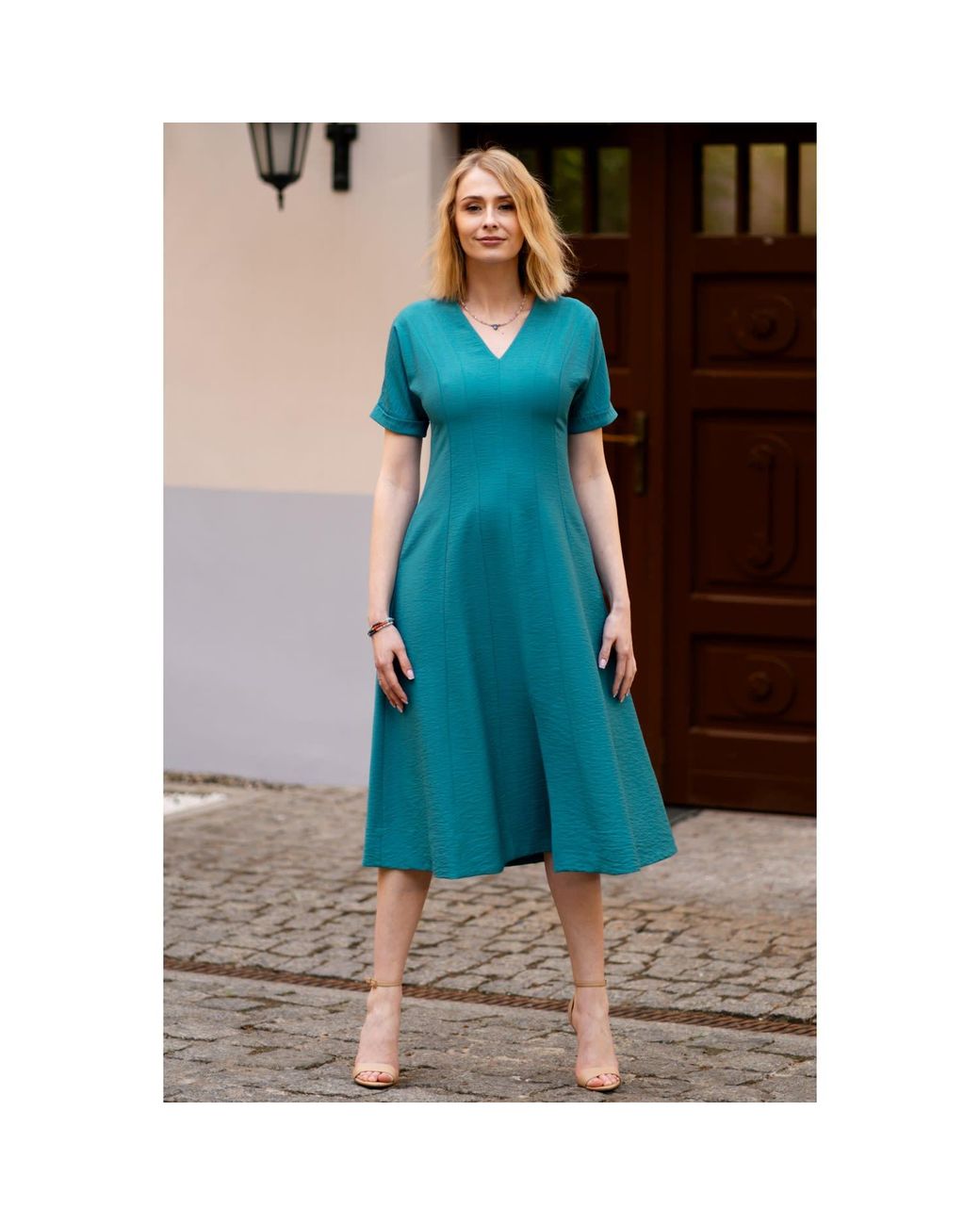 Oh!Zuza Blue Echo Viscose Midi Dress Short Sleeve With Pockets