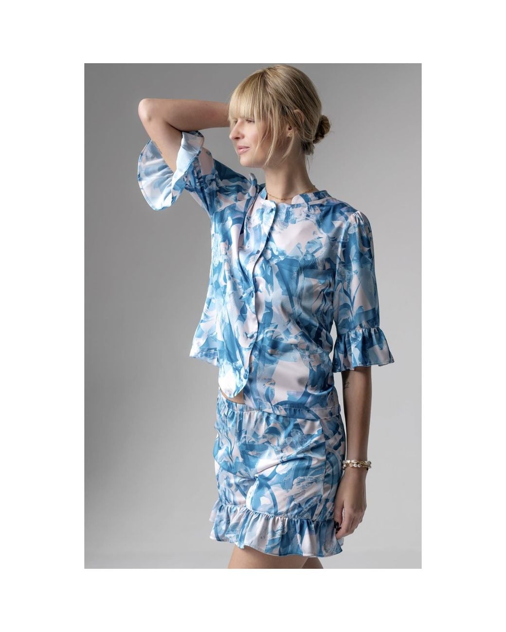 Oh!Zuza Blue Frida Satin Viscose Pyjama Set Frill
