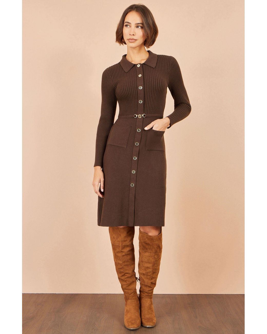 Yumi' Brown Rib Knit Midi Shirt Dress With Snaffle Belt