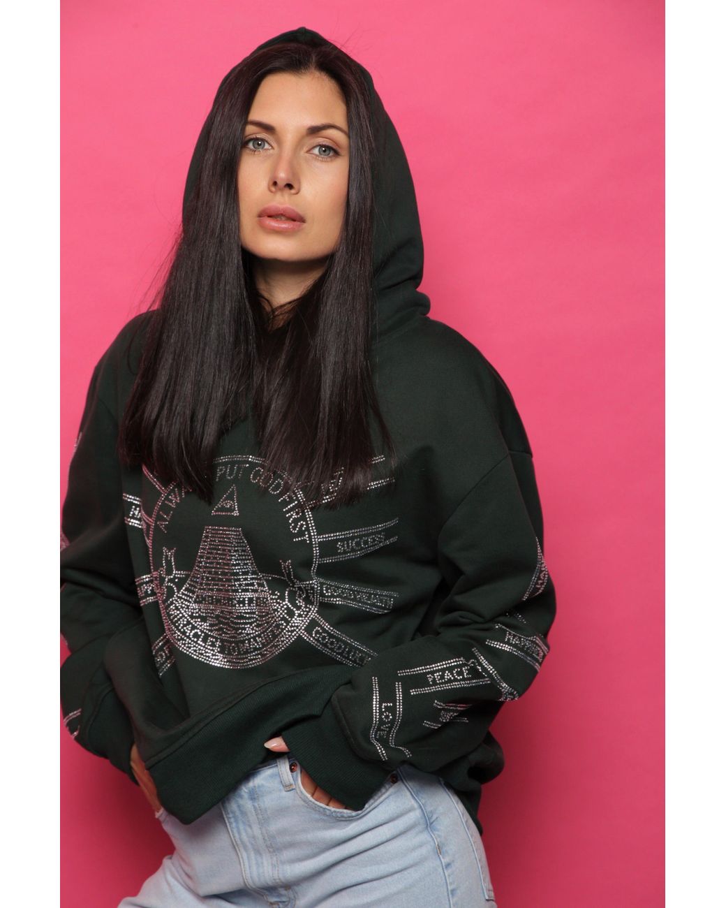 Miracles Manifester Green God First Affirmation Hoodie With Rhinestone Design