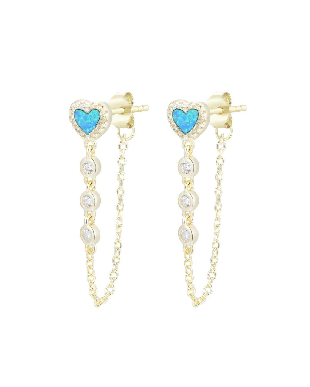 KAMARIA Blue Heart Chain Stud Earrings With Crystals