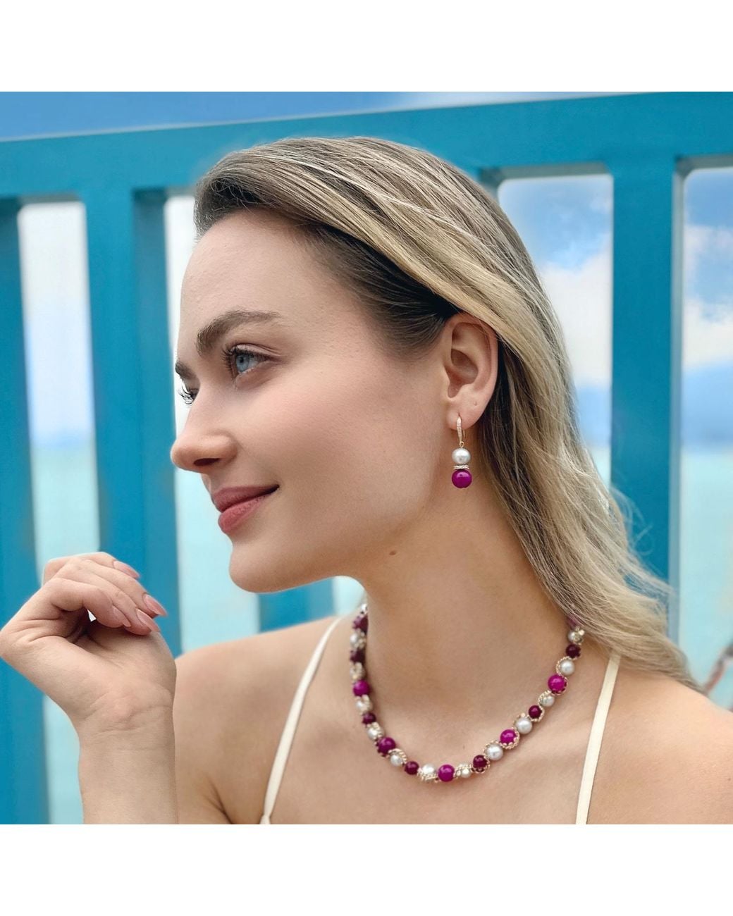 Farra Purple Freshwater Pearls With Gemstone Earrings