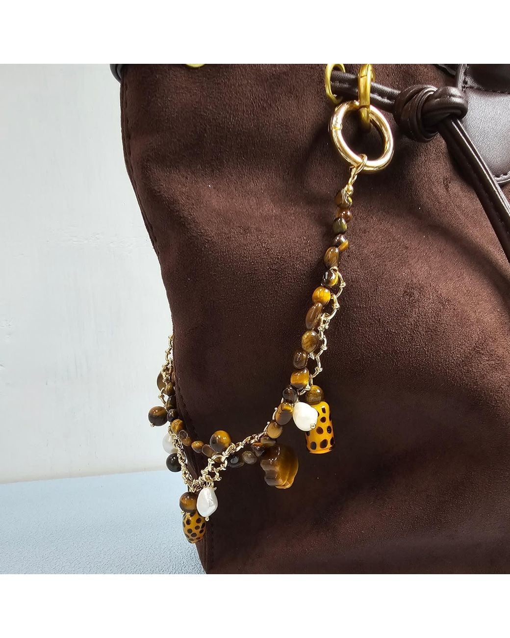 Farra Brown Leopard Print Tiger-Eye Stone And Pearls Layered Bag Charm