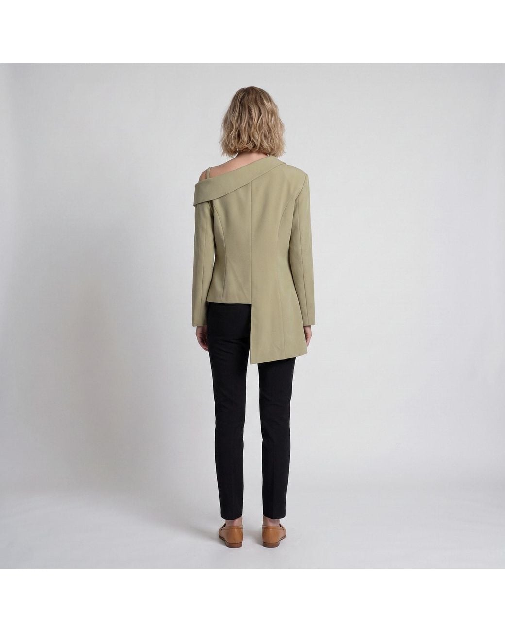 Modenaire Green Neutrals Asymmetric One Shoulder Tailored Blazer Jacket