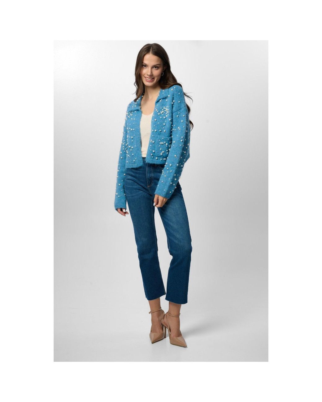 Saachi Blue Pearl Collared Open Cardigan
