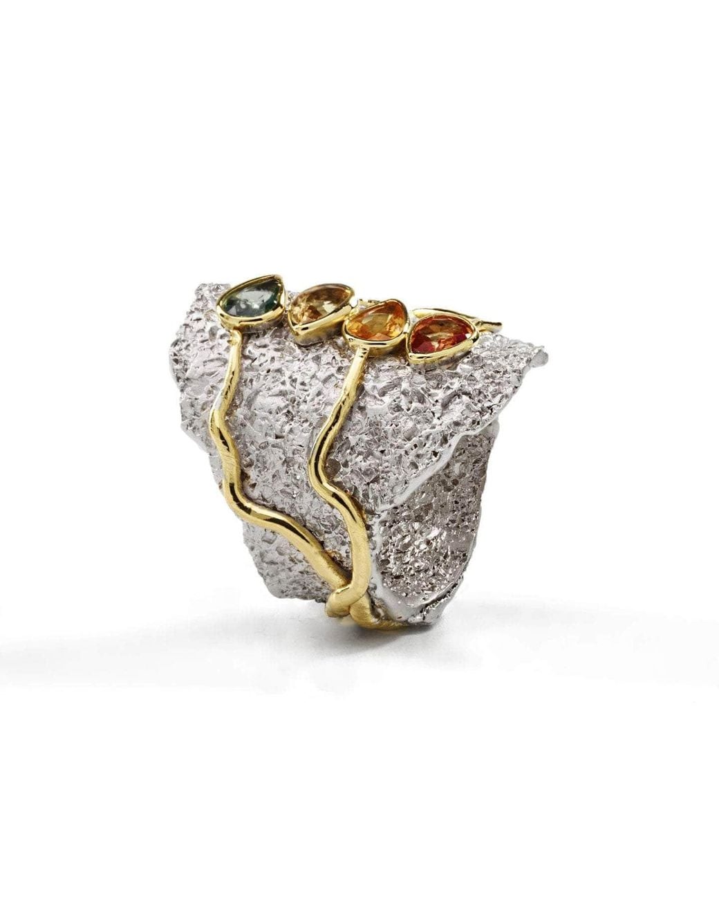 German Kabirski Metallic Callam Ring With Mixed Color Pear Cut Sapphires