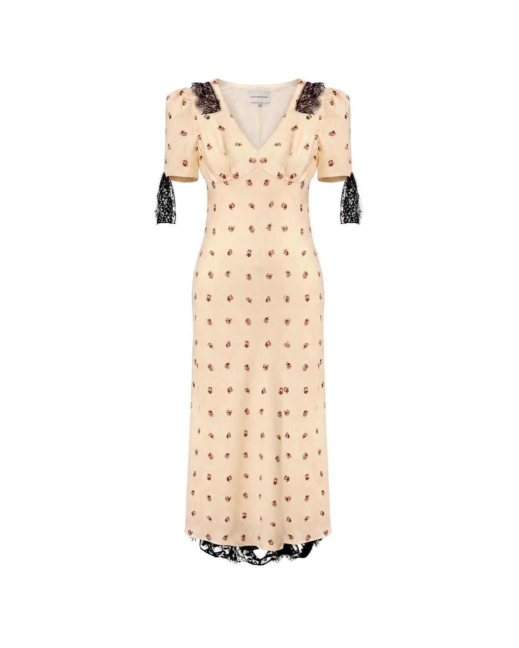 POST MERIDIEM Natural Fitted Lace Midi Dress With Short Sleeves