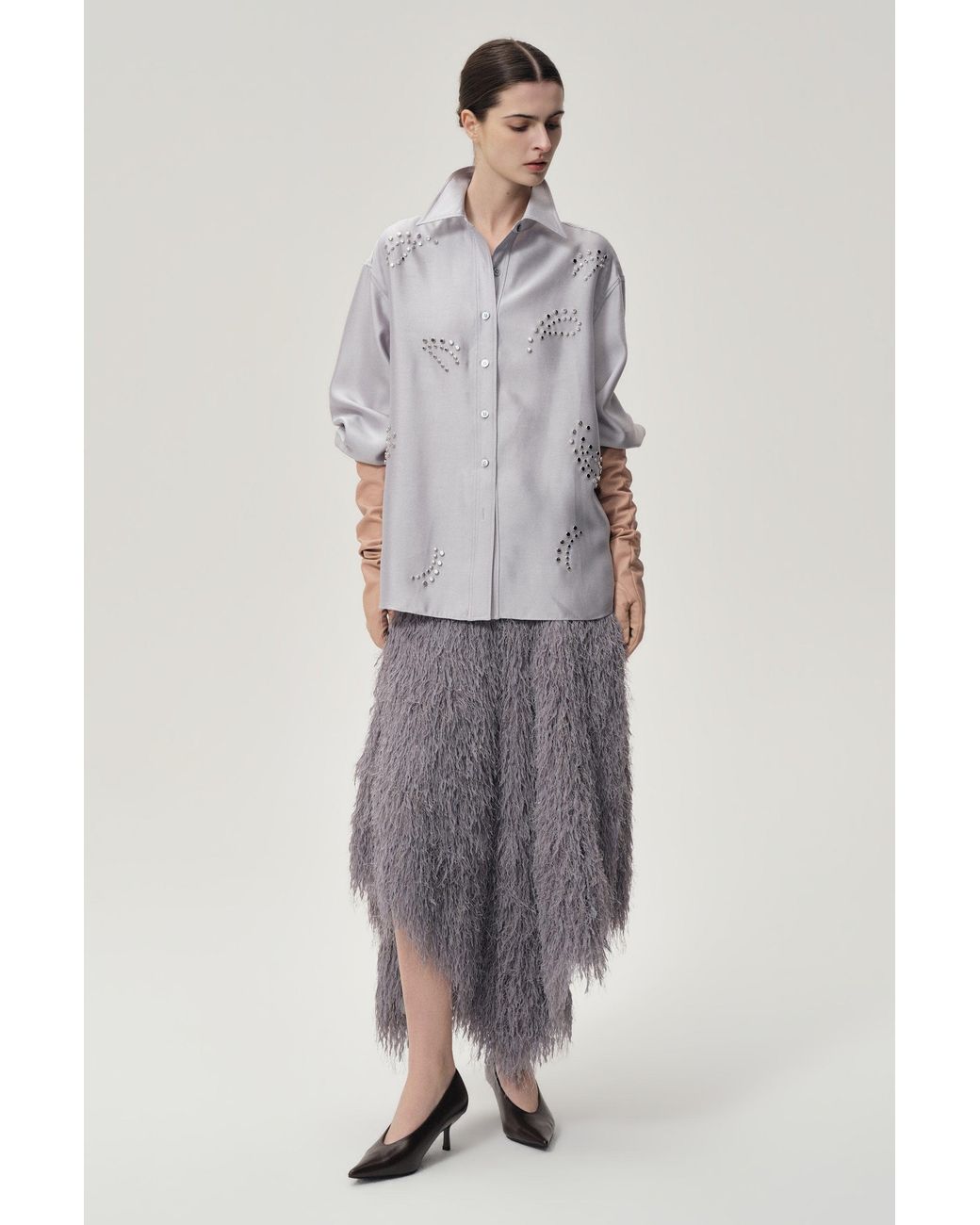 FRONT ROW SHOP Gray Stud-Embellished Shirt Pale