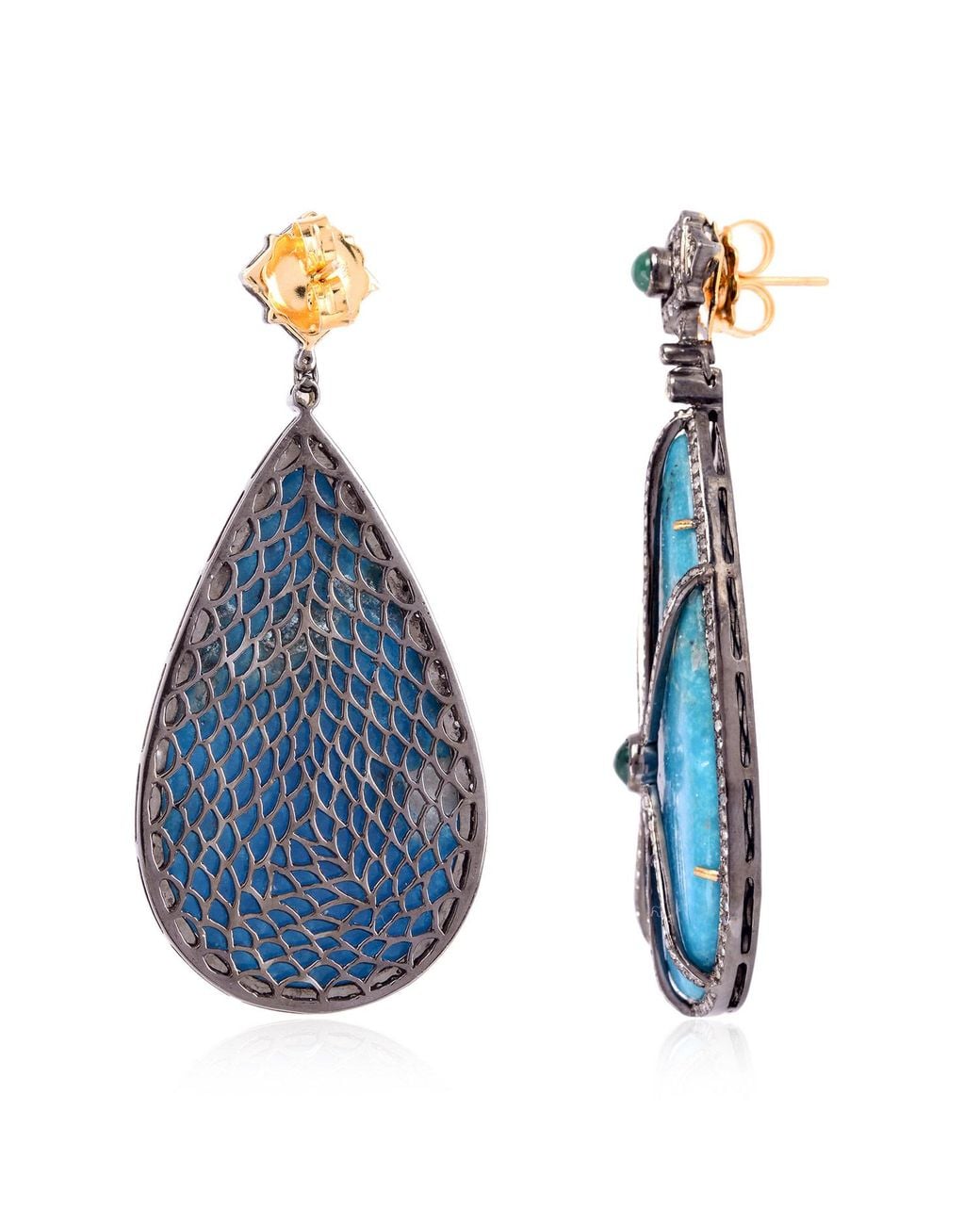 Artisan Blue Pave Turquoise Dangle Earrings Diamond 18k Gold 925 Silver