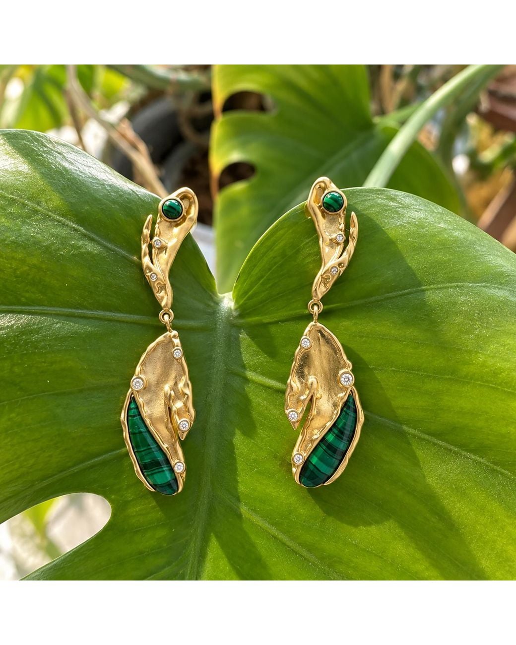 Rare Matters Jewelry Metallic Sculptural Malachite Leaf Drop Cz Organic Earrings