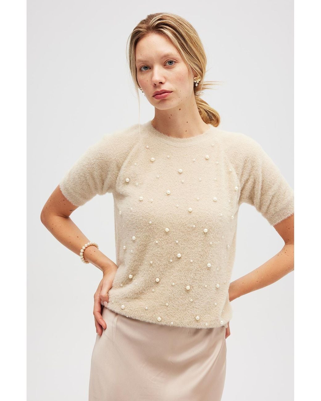 Peraluna Natural Neutrals Emilia Pearl Embroidered Knit Fluffy Blouse