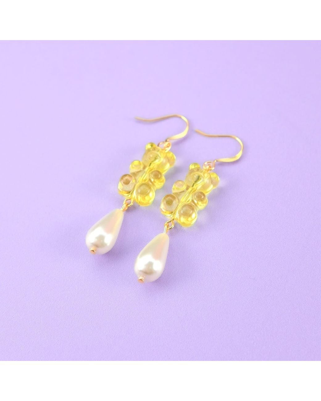 By Chavelli Yellow Gummy Bear Pearl Drop Dangly Earrings