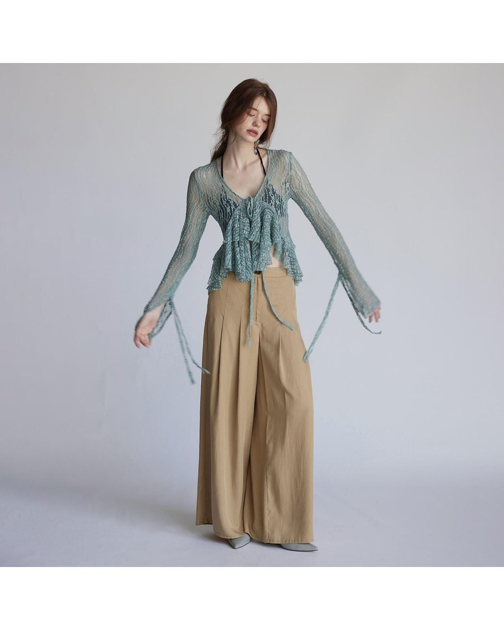 Belsize25 Blue Flared Sleeve Knitted Lace Cardigan
