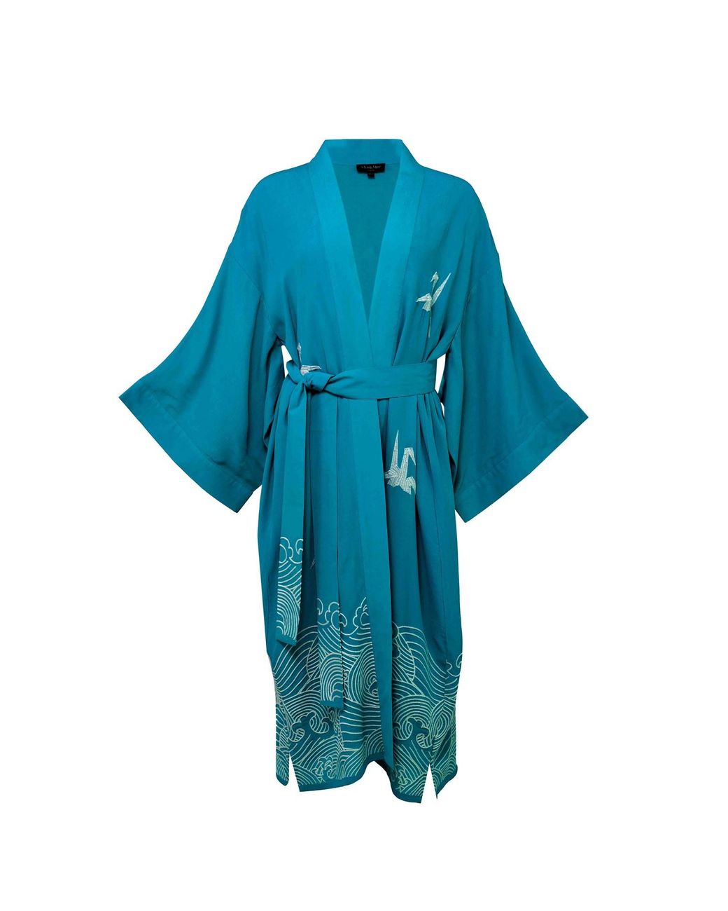 Artemis Muse Blue Origami & Hokusai Wave Embroidered Fully Lined Deep Long Kimono