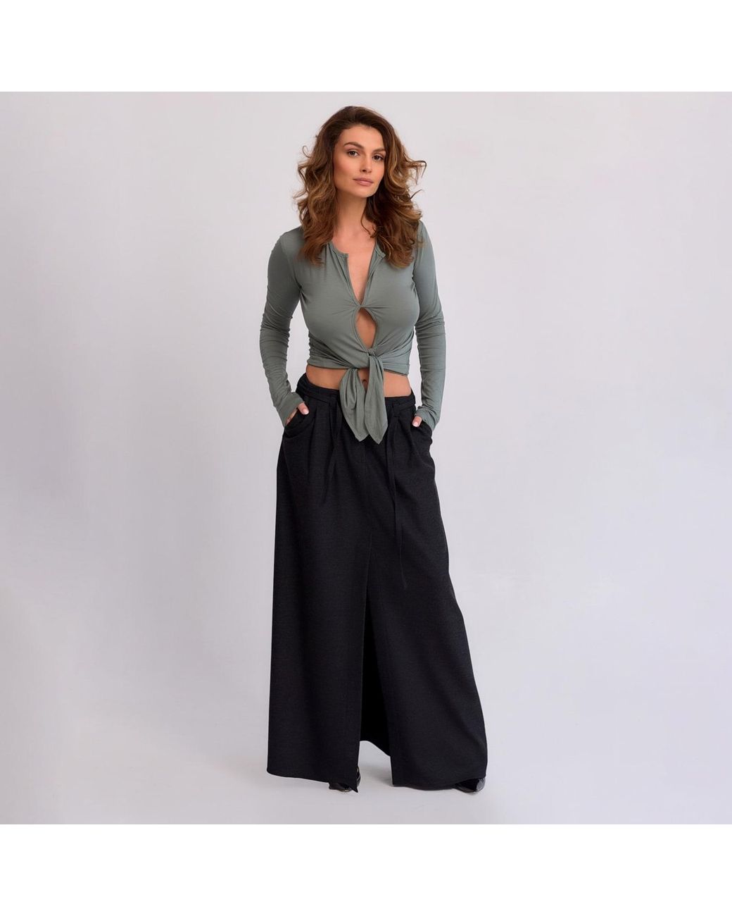 Mandragora Green Khaki Viscose Top With Woven Openings