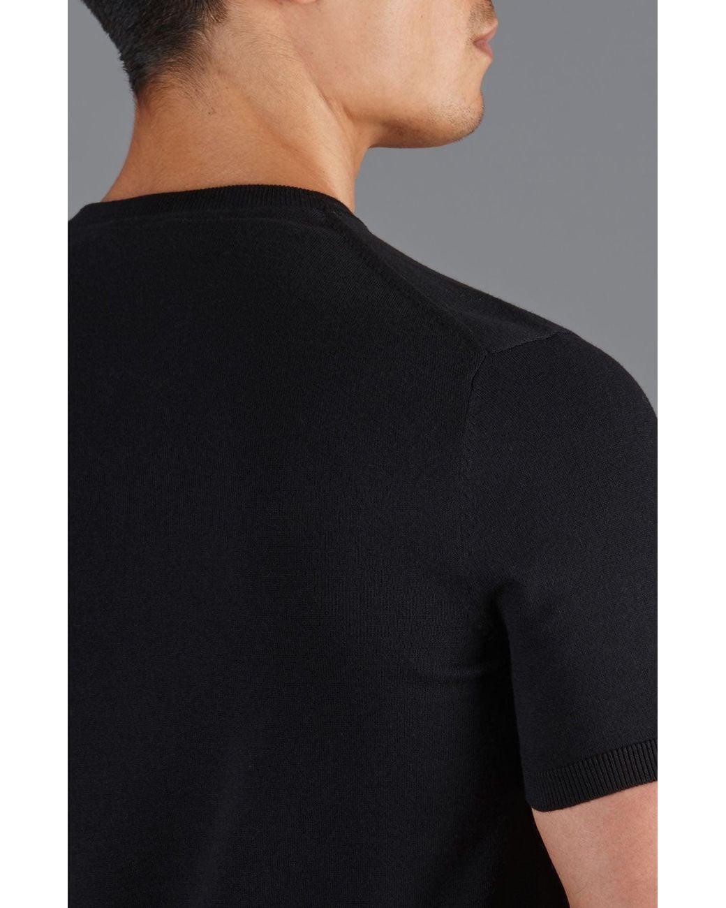 Paul James Knitwear Black Ultra Fine Cotton Hudsonn High V Neck Knitted T-Shirt for men