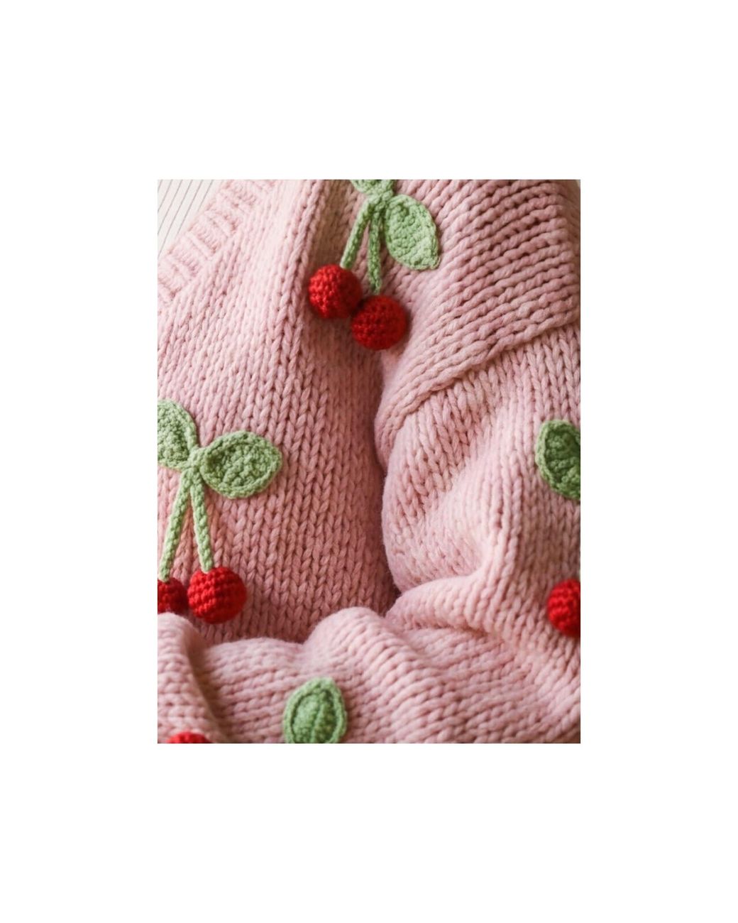 Ana Chic Pink Cherry Motif Handmade Knitted Cardigan