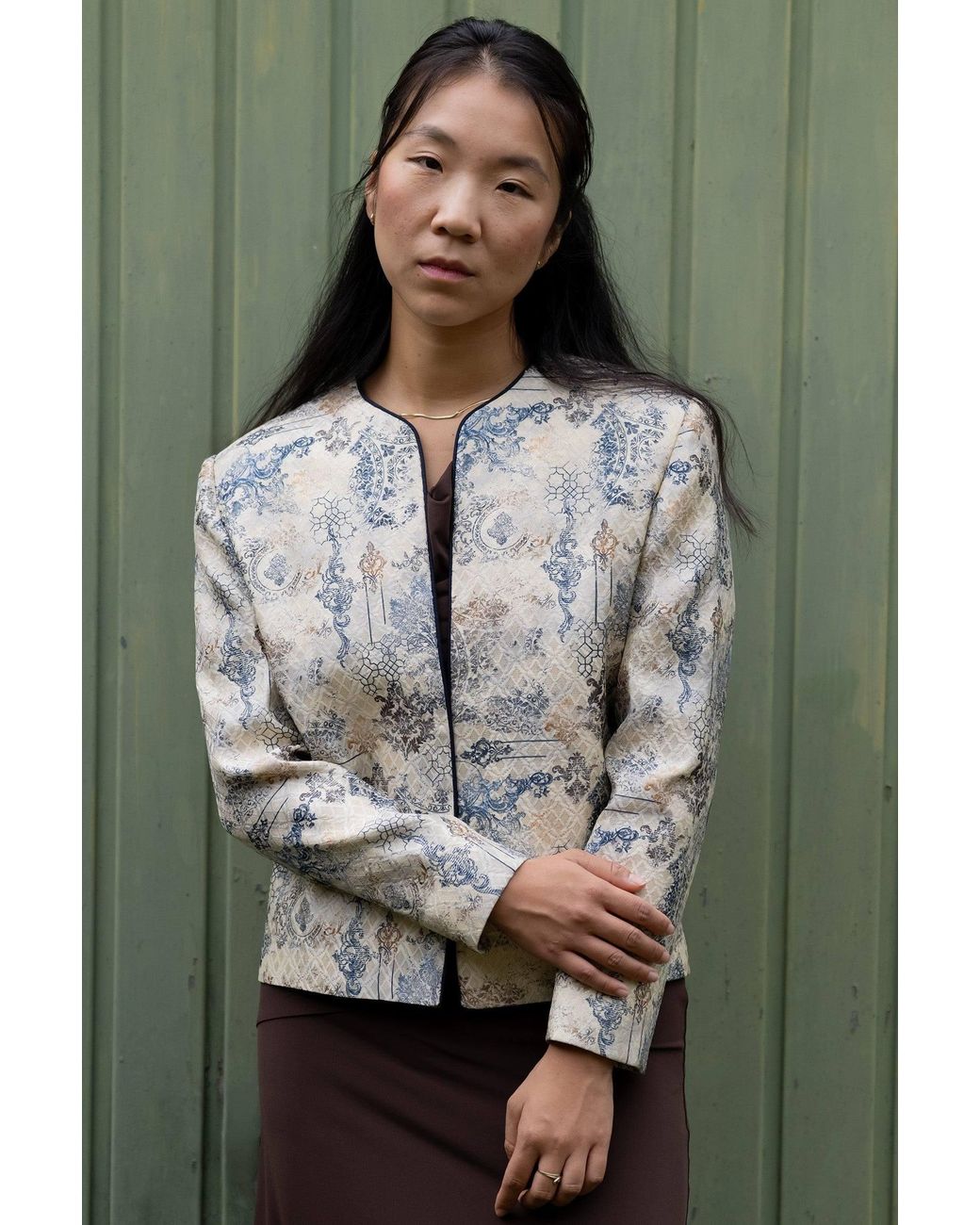 Stovaria Gray Ivory Printed Silk-Cotton Jacquard Statement Jacket
