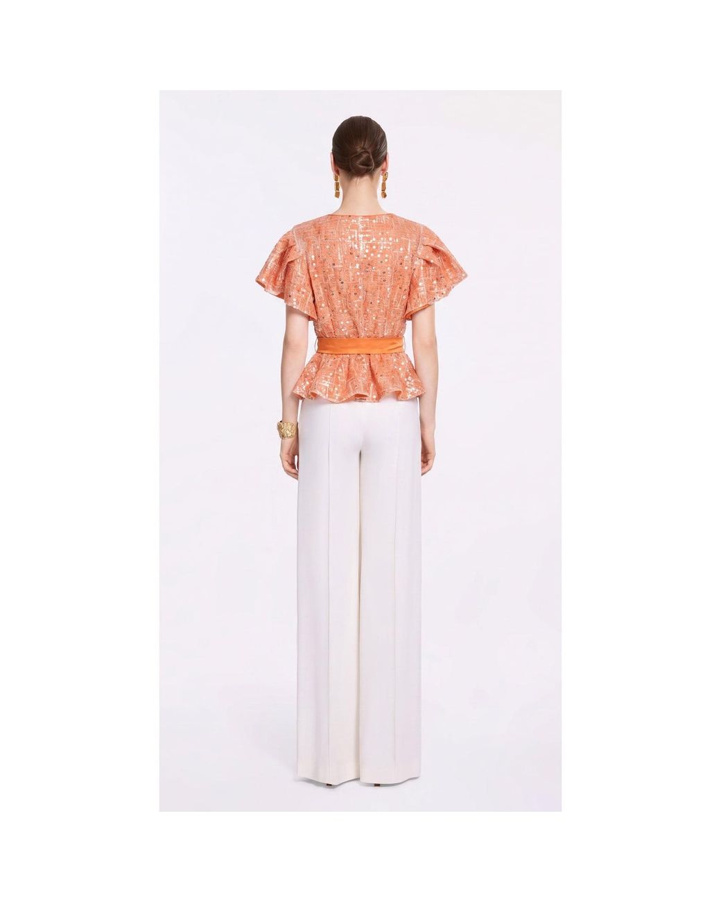 concept A trois Orange Sequin Wrap Top With Satin Tie-Belt