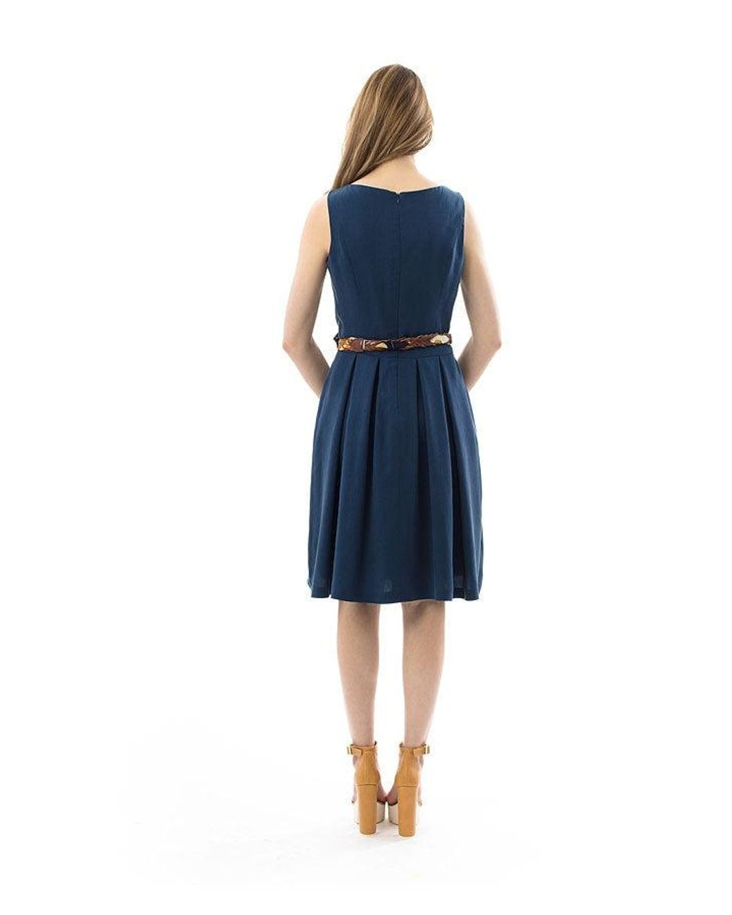 Conquista Blue Sleeveless Pleat Detail Dress