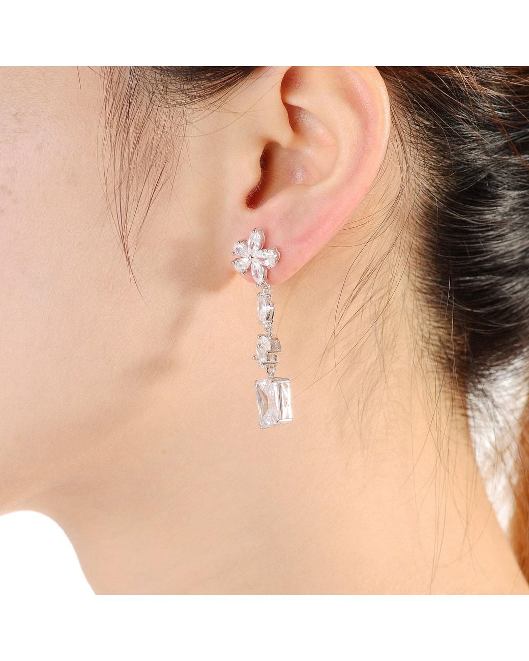 Genevive Jewelry White Sterling Cubic Zirconia Square Drop Earrings