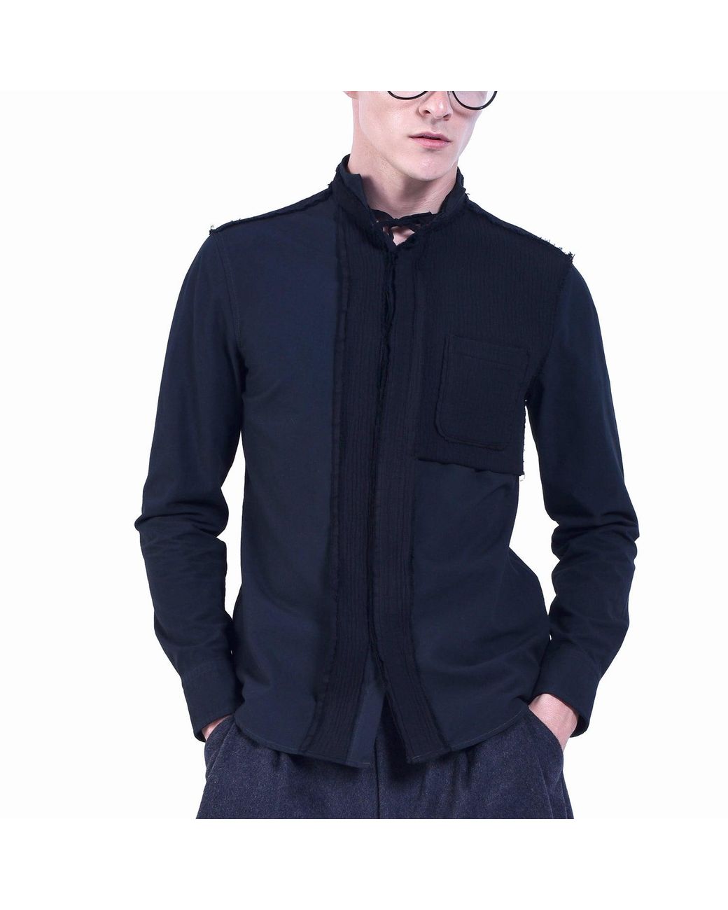 Smart and Joy Blue Bi-Material Shirt With Tied Stand-Up Collar for men