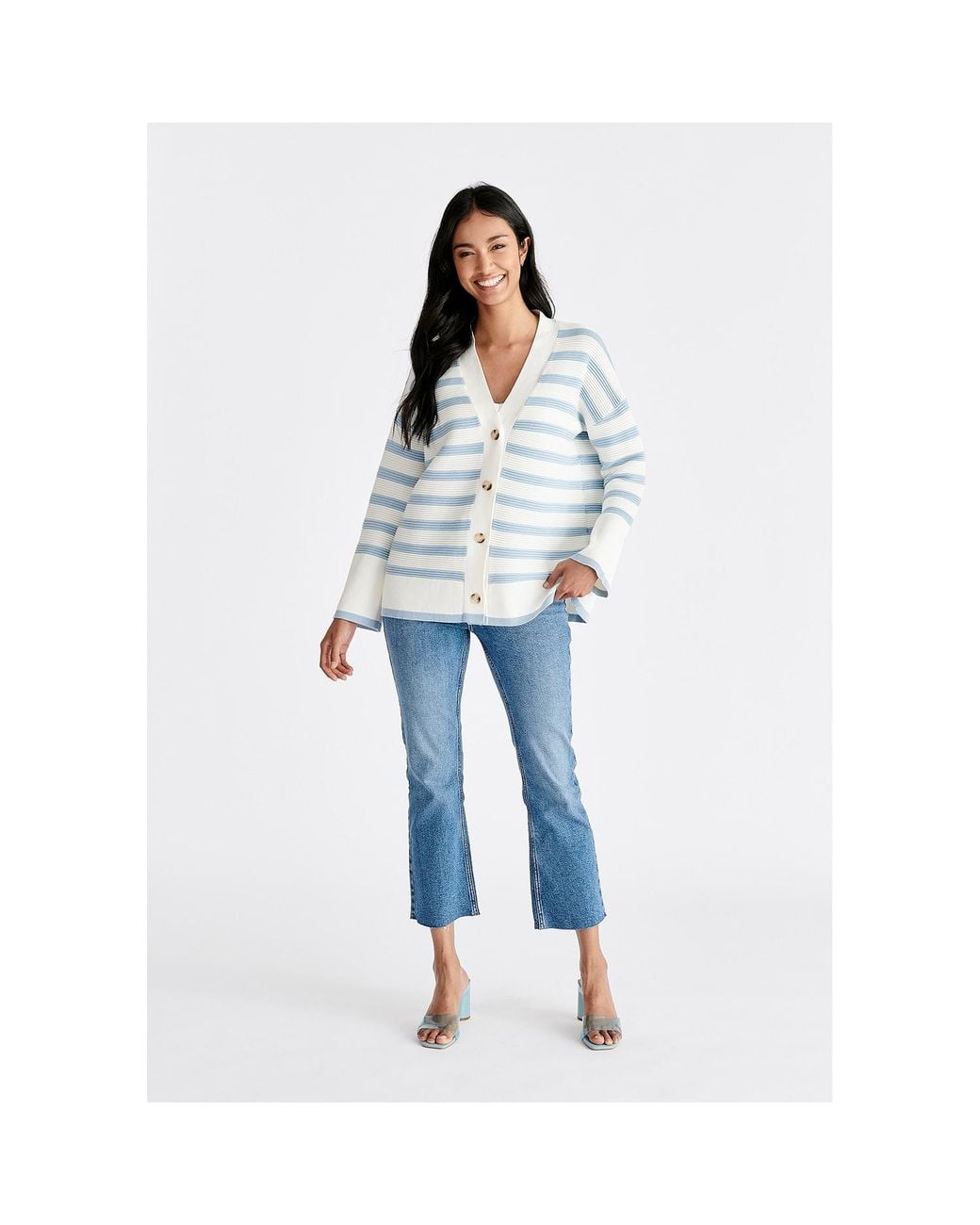 Paisie Blue Striped Ribbed Cardigan