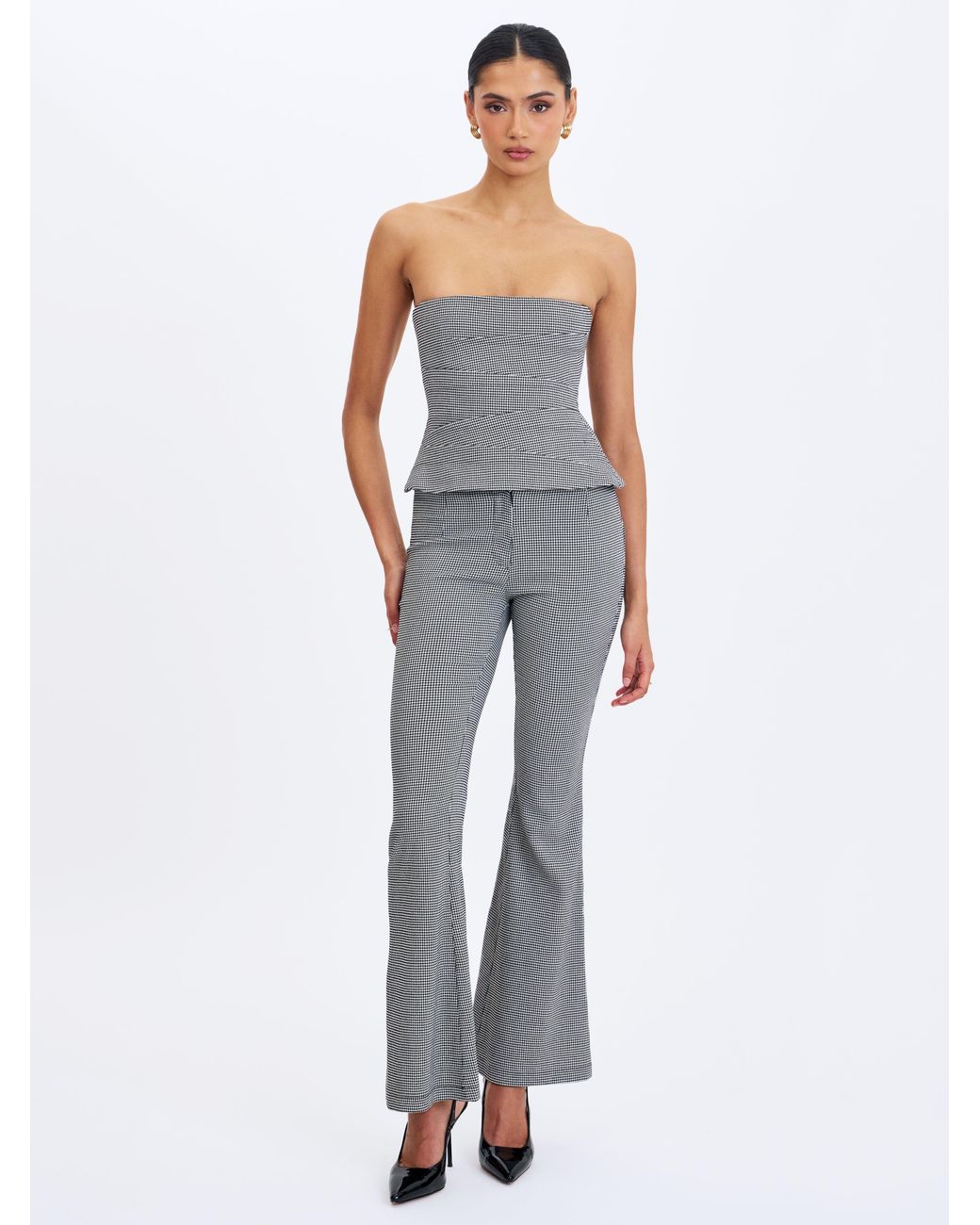 Miss Circle New York Gray Ulli Micro-Houndstooth Flared Pants